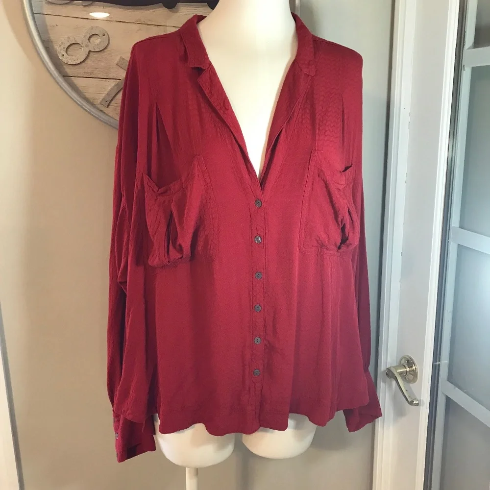 Women's Red Button-Front Oversized Blouse